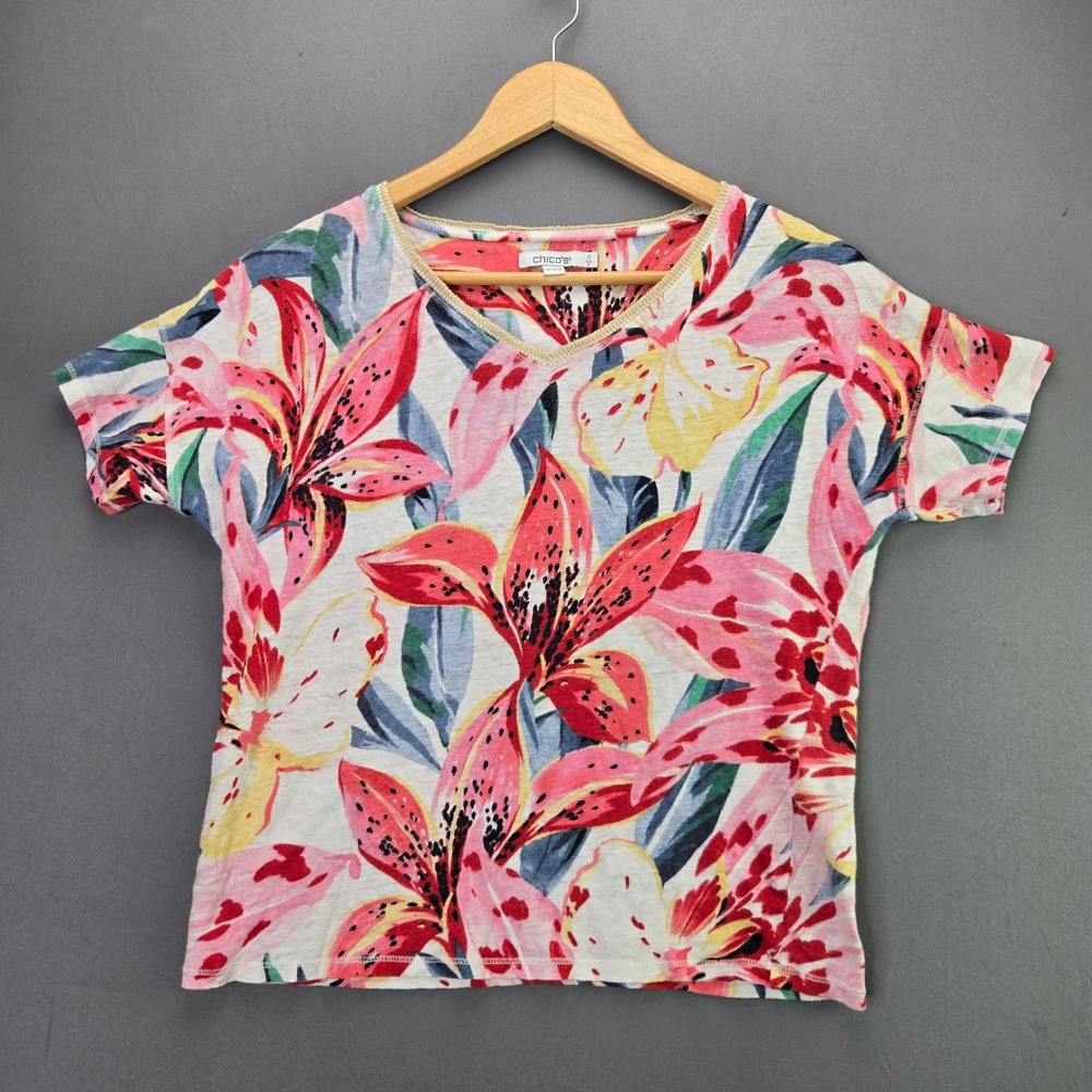 Chicos Linen Top Floral Lily V-Neck Short Sleeve Size 0 S Pink Tropical 3899